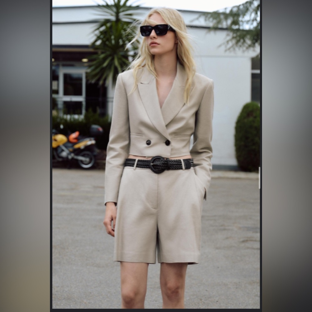 2-pc Zara Co-Ord cropped linen blend Blazer and belted shorts set